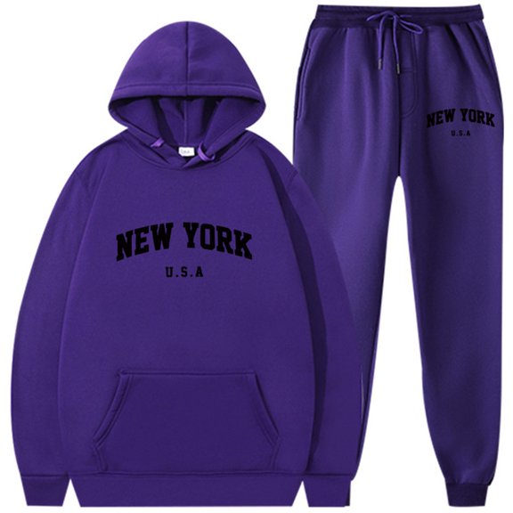 Silver Basic Adult Men's And Women's Solid Color New York Printed Hoodie Pants Sports Leisure Set S,ZIBlack-1