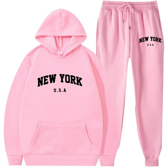 Silver Basic Adult Men's And Women's Solid Color New York Printed Hoodie Pants Sports Leisure Set XL,PinkBlack-1