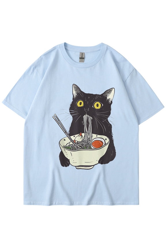 Artistic Retro Cat T-shirt Women's And Men's Streetwear Black Cat Short Sleeved Top M,LightBlue-1