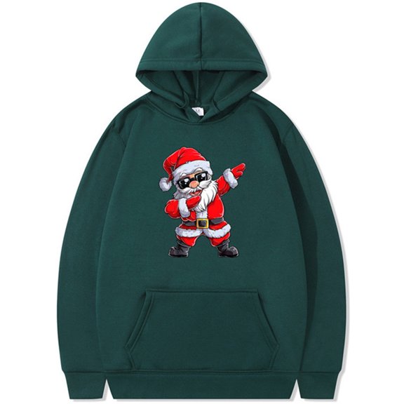 Silver Basic Autumn and Winter Plush Santa Claus Printed Fun Hoodie 2XL,DarkGreen-1