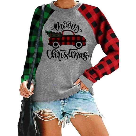 Silver Basic Christmas Printed Womens Long Sleeved Round Neck T-shirt XL,GZQC-1