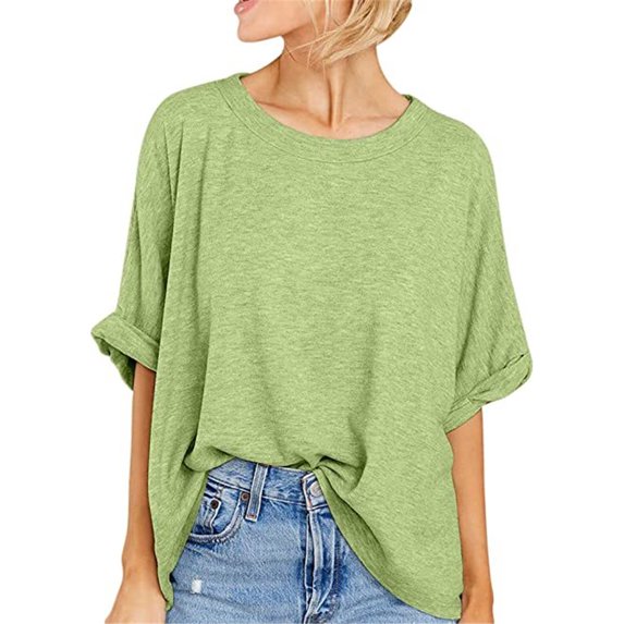 Silver Basic Cotton Blend Macaron Color T-Shirt Womens Top Casual Loose 3/4 Sleeve Sports Oversized Top L,Green-1