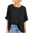 thumbnail image 1 of Silver Basic Cotton Blend Macaron Color T-Shirt Womens Top Casual Loose 3/4 Sleeve Sports Oversized Top M,Black-1, 1 of 2