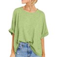 thumbnail image 1 of Silver Basic Cotton Blend Macaron Color T-Shirt Womens Top Casual Loose 3/4 Sleeve Sports Oversized Top S,Green-1, 1 of 2