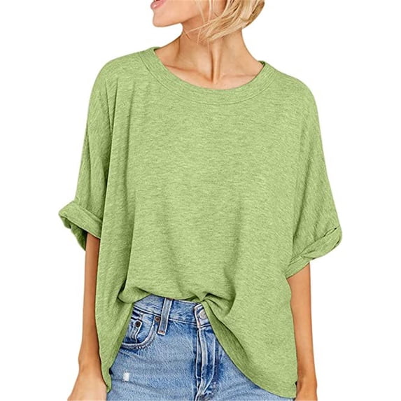 Silver Basic Cotton Blend Macaron Color T-Shirt Womens Top Casual Loose 3/4 Sleeve Sports Oversized Top S,Green-1