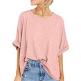 thumbnail image 1 of Silver Basic Cotton Blend Macaron Color T-Shirt Womens Top Casual Loose 3/4 Sleeve Sports Oversized Top S,Pink-1, 1 of 2