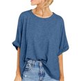 thumbnail image 1 of Silver Basic Cotton Blend Macaron Color T-Shirt Womens Top Casual Loose 3/4 Sleeve Sports Oversized Top XL,ZQ-1, 1 of 2