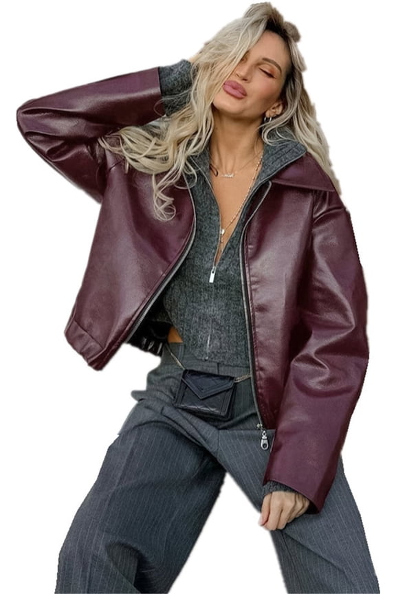 Fall Winter Women's Burgundy Fashion Zipper Matte Leather Jacket With Lapel Jacket Coat S,WineRed-1