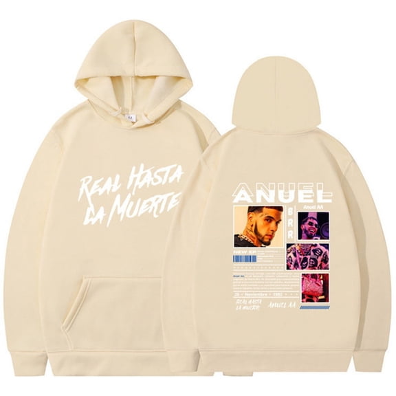 Silver Basic Hip Hop Fashion Pullover Anuel Printed Oversize Hoodie Street Wear 3XL,KhakiWhite-1