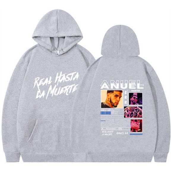 Silver Basic Hip Hop Fashion Pullover Anuel Printed Oversize Hoodie Street Wear 3XL,QGreyWhite-1