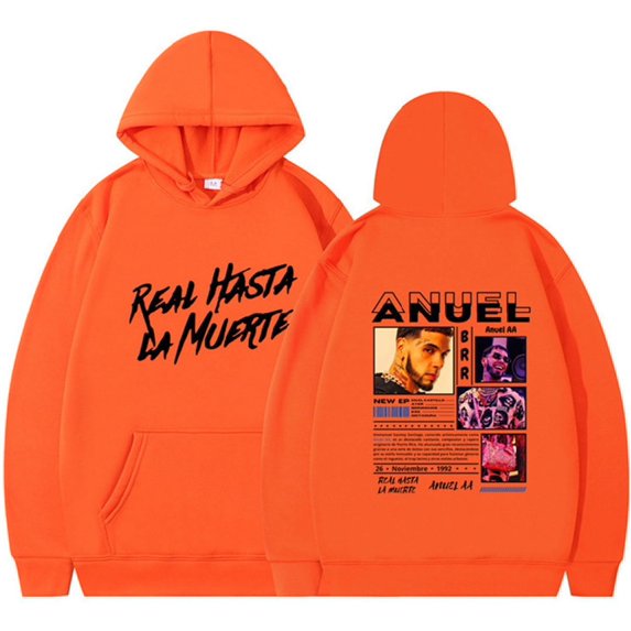 Silver Basic Hip Hop Fashion Pullover Anuel Printed Oversize Hoodie Street Wear M,OrangeBlack-1