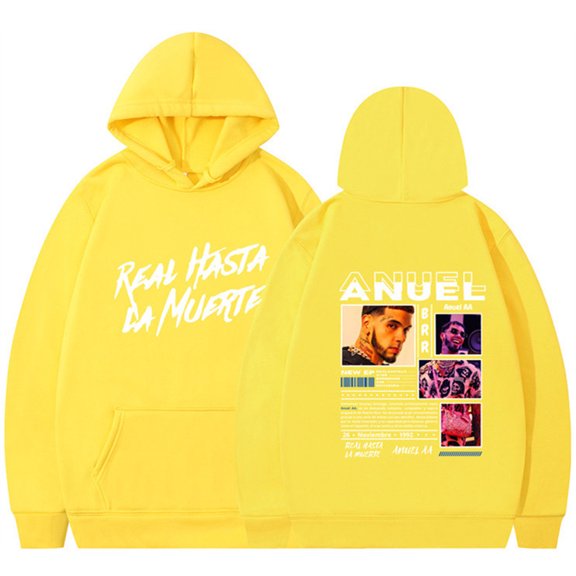 Silver Basic Hip Hop Fashion Pullover Anuel Printed Oversize Hoodie Street Wear M,YellowWhite-1