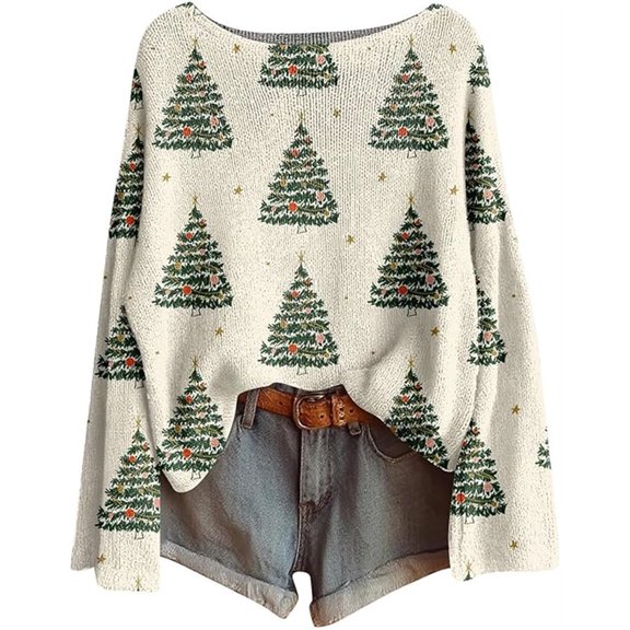 Silver Basic Ladies' Christmas sweater with fun Christmas tree print sweater pullover M,White-1