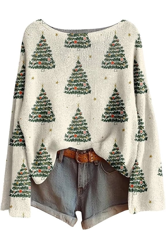 Ladies' Christmas sweater with fun Christmas tree print sweater pullover M,White-1