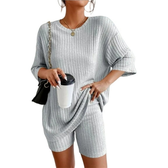 Silver Basic Ladies' Fashionable And Elegant Summer Two-piece Casual Shirt And Shorts Yoga Exercise Set 2XL,Grey-1