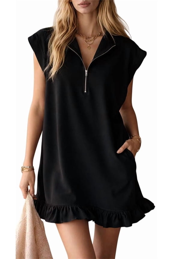 Lazy Style Polo Collar Dress With Half Zipper Sleeveless Casual Dress, Loose Ruffle Edge With Pockets 2XL,Black-1