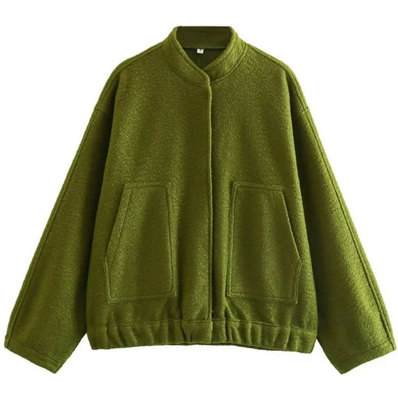 Silver Basic Loose Casual Womens Street Y2K Jacket Overcoat With Stand Up Collar And Hidden Button Coat L,ArmyGreen-1