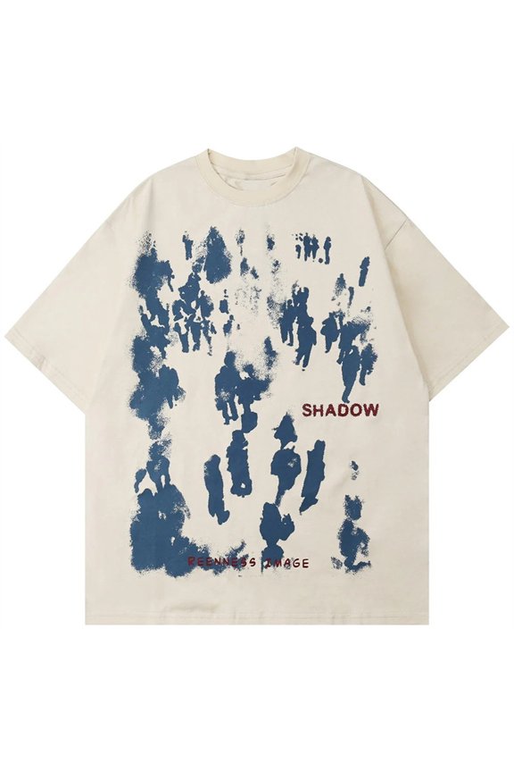 Loose Simple Tee Tops for Women and Men Oversized T Shirts Shadow Printed Dark Retro top Casual and Fashionable Summer T-Shirt L,White-1