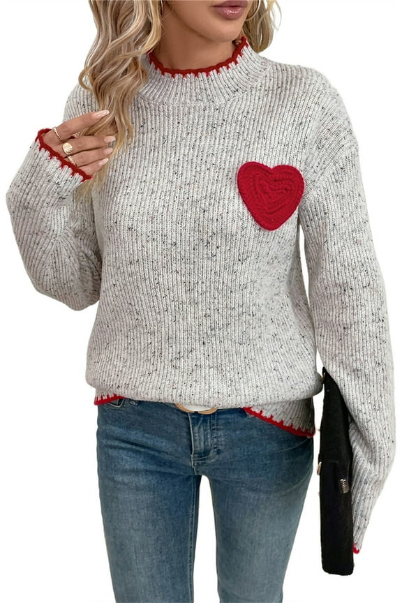Love Printed Casual Wool Sweater Women's Valentine's Day Sweater Half High Collar Gray Pullover S,Grey-1