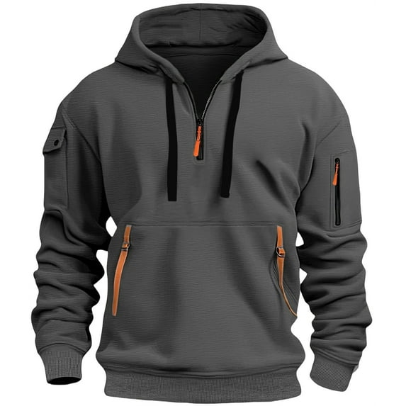 Silver Basic Men's Hooded Sweatshirt Is Suitable For Keeping Warm In Autumn And Winter, With A Multi Pocket Design For Men's Sports Snd Leisure Coat 2XL,DeepGrey-1