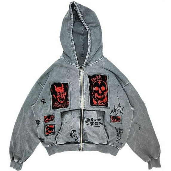 Silver Basic Men's Hoodie Devil Print Retro Y2k Hip Hop Sweatshirt Zipper Gothic Harajuku Jacket 2XL,White-1