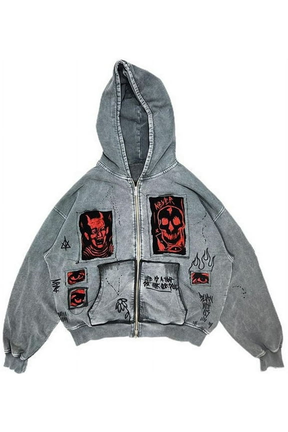 Men's Hoodie Devil Print Retro Y2k Hip Hop Sweatshirt Zipper Gothic Harajuku Jacket M,White-1