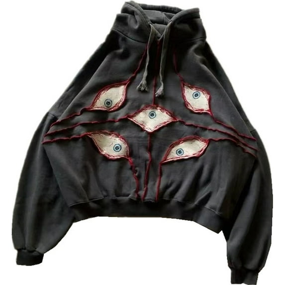 Silver Basic Men's Hoodie Y2K Eye Print Retro Halloween Jacket Pullover Cotton Embroidered Hoodie Suitable for Unisex 2XL,DeepGrey-1