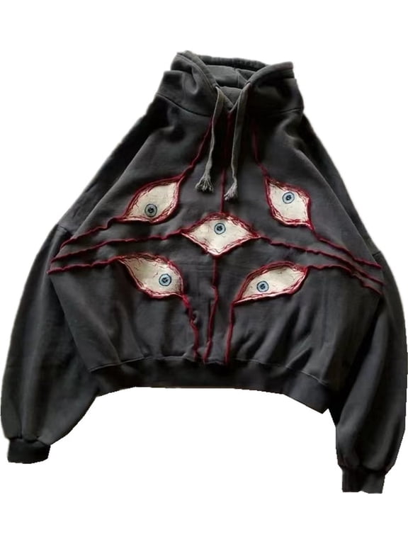 Men's Hoodie Y2K Eye Print Retro Halloween Jacket Pullover Cotton Embroidered Hoodie Suitable for Unisex L,DeepGrey-1