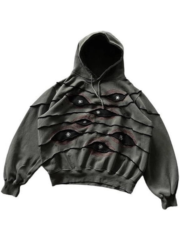 Men's Hoodie Y2K Eye Print Retro Halloween Jacket Pullover Cotton Embroidered Hoodie Suitable for Unisex M,BlackGrey-1