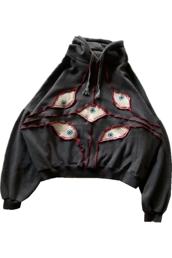 Men's Hoodie Y2K Eye Print Retro Halloween Jacket Pullover Cotton Embroidered Hoodie Suitable for Unisex XL,DeepGrey-1