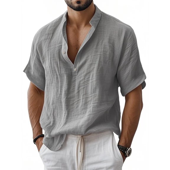 Silver Basic Men's Linen Short Sleeve Henley Shirt, Breathable Lightweight Summer Tops S,Grey-1