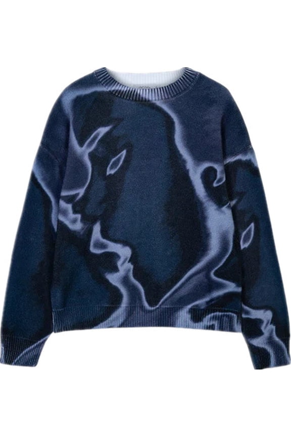 Men's Oversized Sweater,Adult Harajuku Style Facial Print Fashion Trend Pullover L,Blue-1