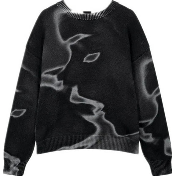 Silver Basic Men's Oversized Sweater,Adult Harajuku Style Facial Print Fashion Trend Pullover XL,Black-1