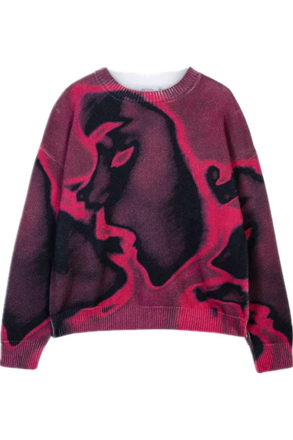Men's Oversized Sweater,Adult Harajuku Style Facial Print Fashion Trend Pullover XL,Purple-1