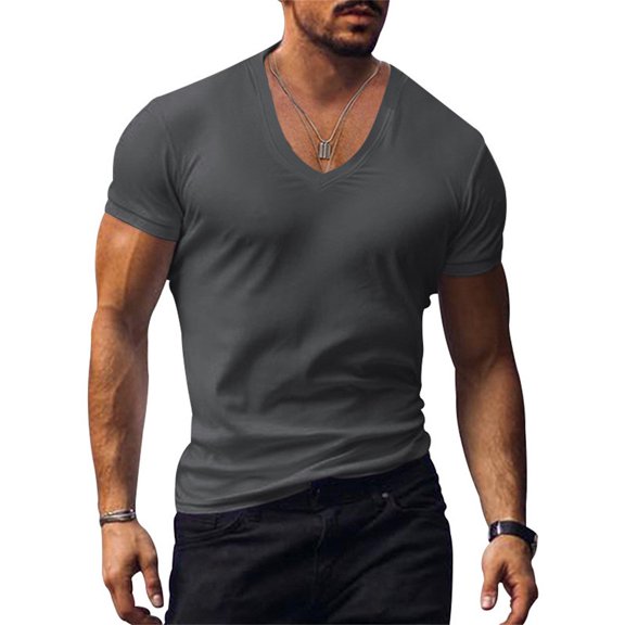 Silver Basic Men's V-neck Henry T-shirt Solid Color Slim Fit 2XL,DeepGrey-1