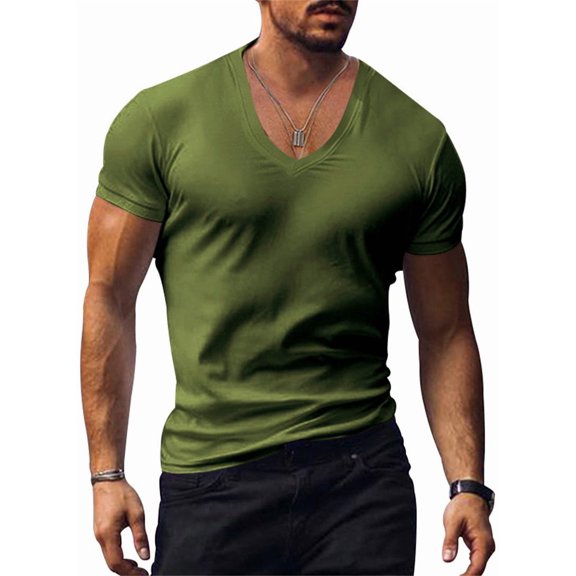 Silver Basic Men's V-neck Henry T-shirt Solid Color Slim Fit M,Green-1