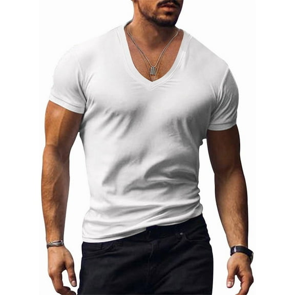 Silver Basic Men's V-neck Henry T-shirt Solid Color Slim Fit M,White-1