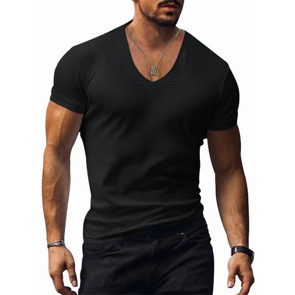 Silver Basic Men's V-neck Henry T-shirt Solid Color Slim Fit S,Black-1