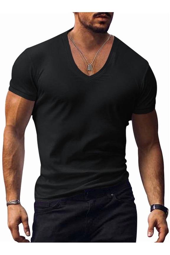 Men's V-neck Henry T-shirt Solid Color Slim Fit S,Black-1