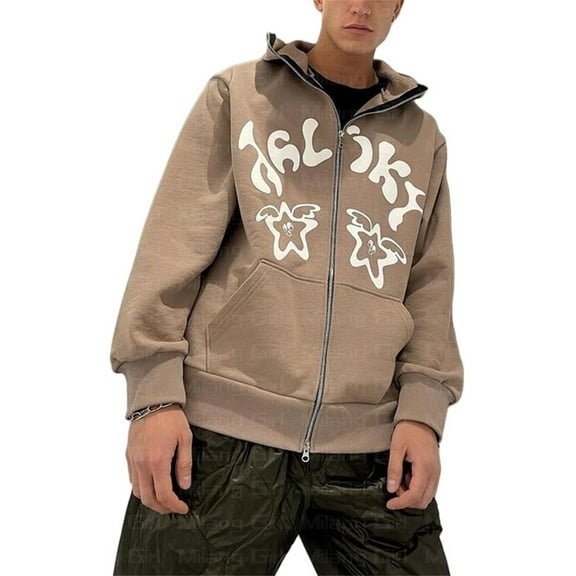 Silver Basic Men's Y2K Full Zipper Hip-hop Star Print Hoodie Y2K Harajuku Style Halloween Star Pattern Hoodie Autumn Streetwear 2XL,Khaki-1