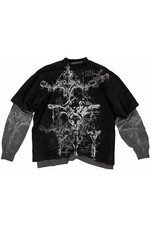 Men's casual T-shirt Y2K Skeleton Rock Graffiti Print Loose Edition Gothic Style T-shirt M,Black-1