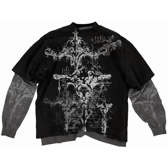 Silver Basic Men's casual T-shirt Y2K Skeleton Rock Graffiti Print Loose Edition Gothic Style T-shirt S,Black-1