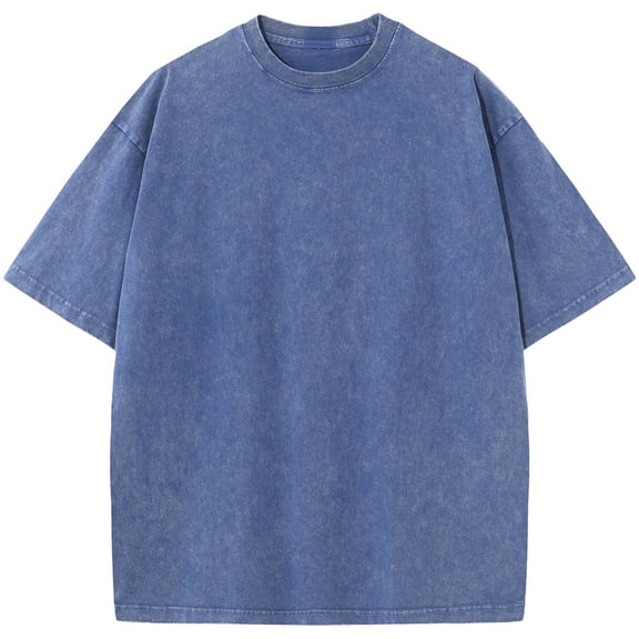 Silver Basic Mode Men's Pure Cotton T-shirt Retro Basic Round Neck Short Sleeved Oversized Unisex Street Casual Wear S,Blue-1