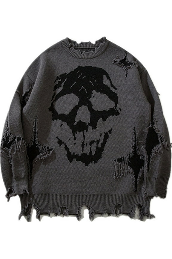 Oversized Crewneck Mens Skull Print Sweaters Long Sleeved Knit Pullover Sweater Suitable For Unisex L,Grey-1