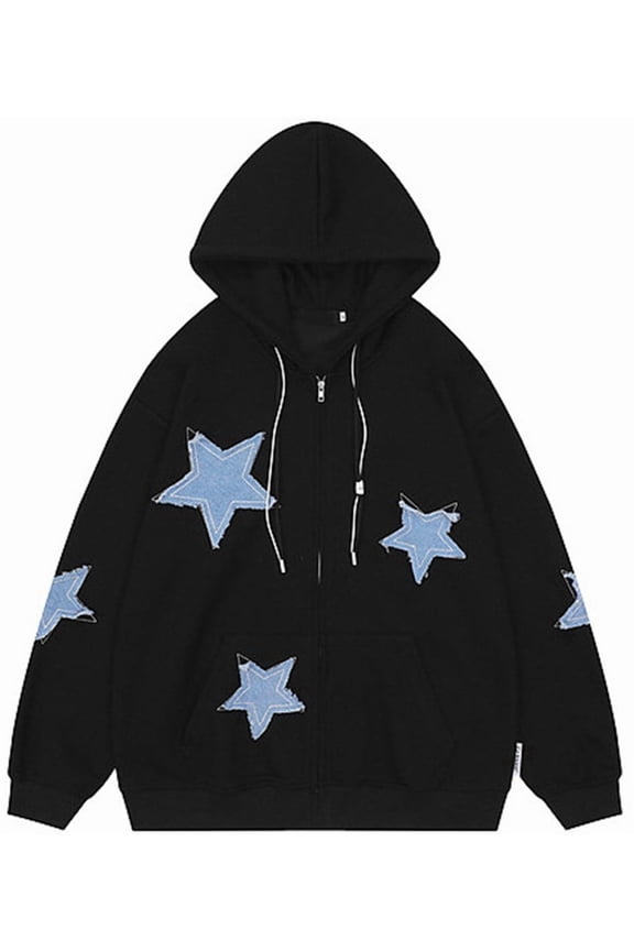 Oversized Star Patterned Hoodie Y2k Couple Star Print Long Sleeved Autumn Casual Coat M,Black-1