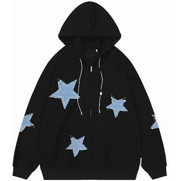 Silver Basic Oversized Star Patterned Hoodie Y2k Couple Star Print Long Sleeved Autumn Casual Coat XL,Black-1