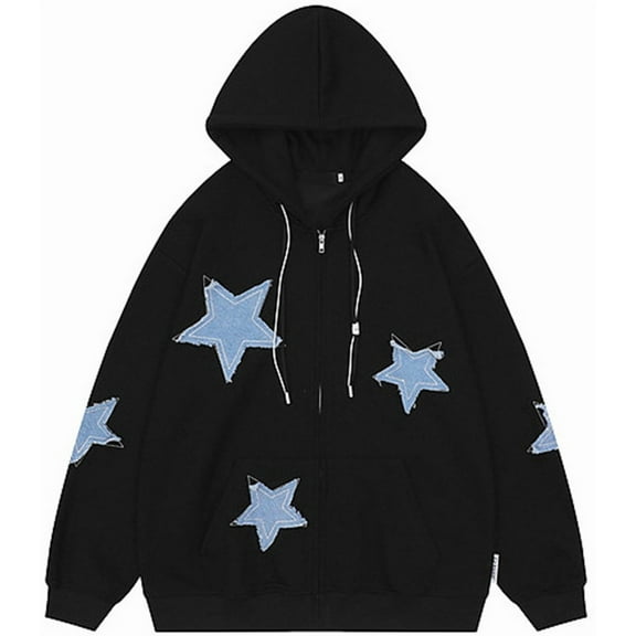Silver Basic Oversized Star Patterned Hoodie Y2k Couple Star Print Long Sleeved Autumn Casual Coat XL,Black-1