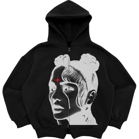 Silver Basic Oversized Street Hipster Fashion Hoodie Unisex Y2K Graphic Zipper Dark Style Sweatshirt Hip-hop L,Black4-1
