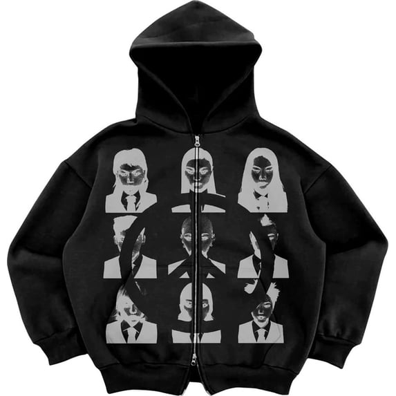 Silver Basic Oversized Street Hipster Fashion Hoodie Unisex Y2K Graphic Zipper Dark Style Sweatshirt Hip-hop S,Black1-1