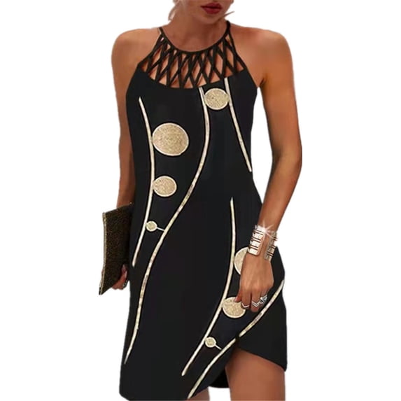 Silver Basic Summer Ethnic Style Women's Bohemian Casual Printed Mesh Sleeveless Dress 3XL,Black-1